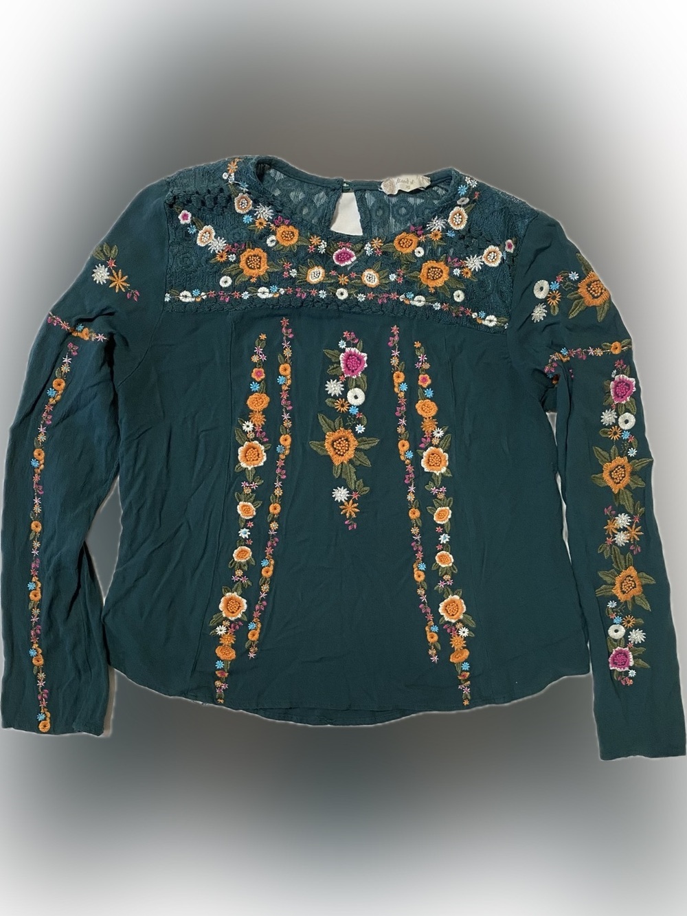 Altar'd State Dark Teal Embroidered Floral Lace Yoke Tunic Top